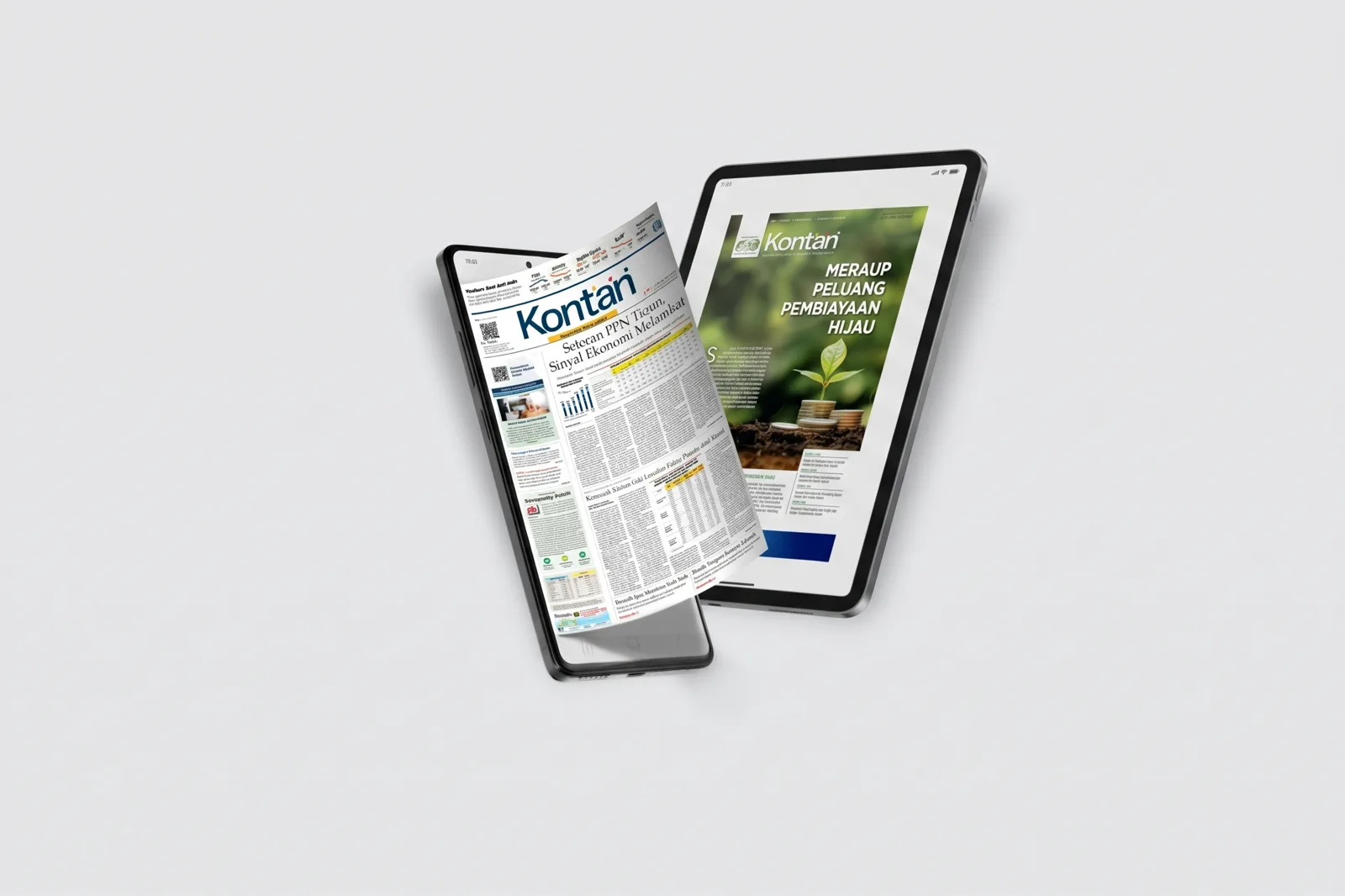 Mockup ePaper harian dan majalah Kontan di ponsel dan tablet